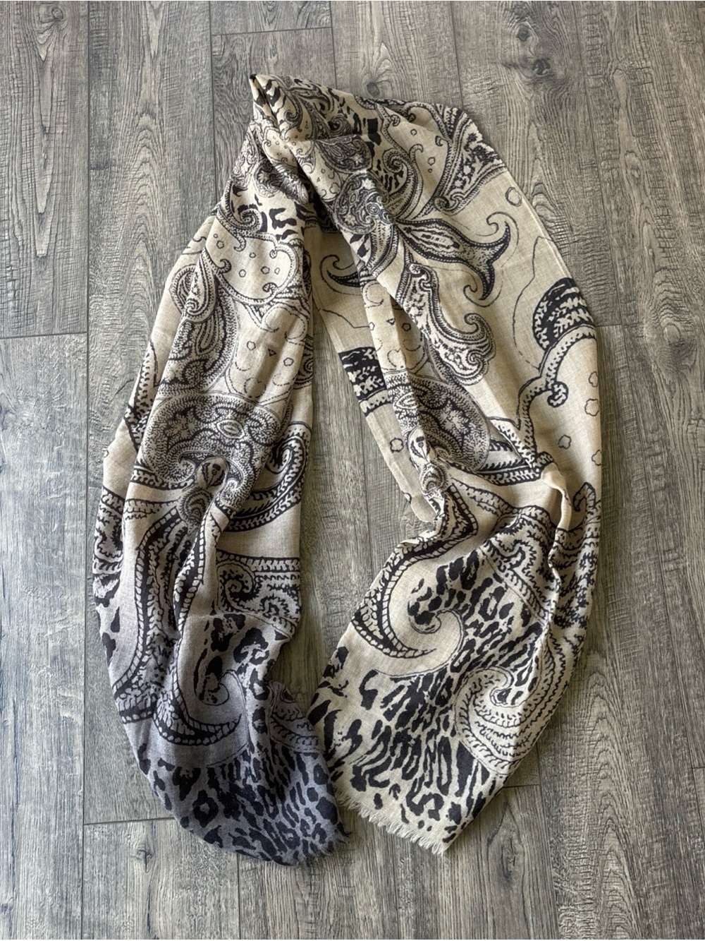 Fraas Neutral Paisley & Animal Print Scarf - Beige and Black